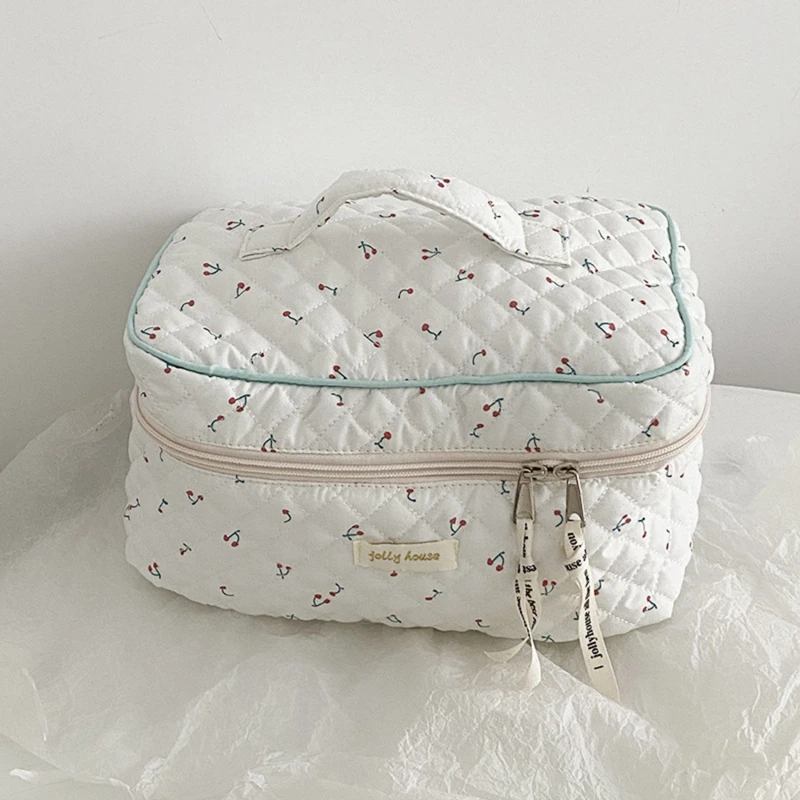 

Cute Quilting Cotton Makeup Bag Women Zipper Cosmetic Organizer Female Cloth Handbag Box Shape Portable Toiletry Case For Girls