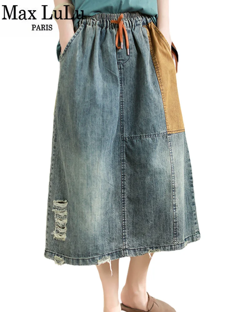 

Max LuLu 2023 Korean Elegant Clothing Ladies Luxury Leisure Loose Holes Denim Skirts Womens Fashion Classic Vintage Streetwear