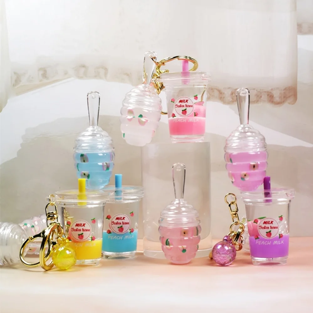 

6ml Peach Floating Milk Tea Cup Lip Gloss Private Label Pendant Key Chain Chain Honey Lip Oil Lipgloss Custom Makeup