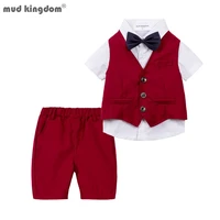 mudkingdom 4pcs boys gentleman suit short sleeve dress shirts with bow tie solid vest shorts sets wedding clothes outfits
