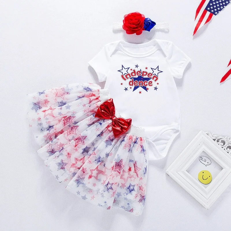 

3PCS Newborn Baby Girl Dress Set Short Sleeve Bow Colorful Irregular Star Pattern Independence Day Party Dress Summer Clothes