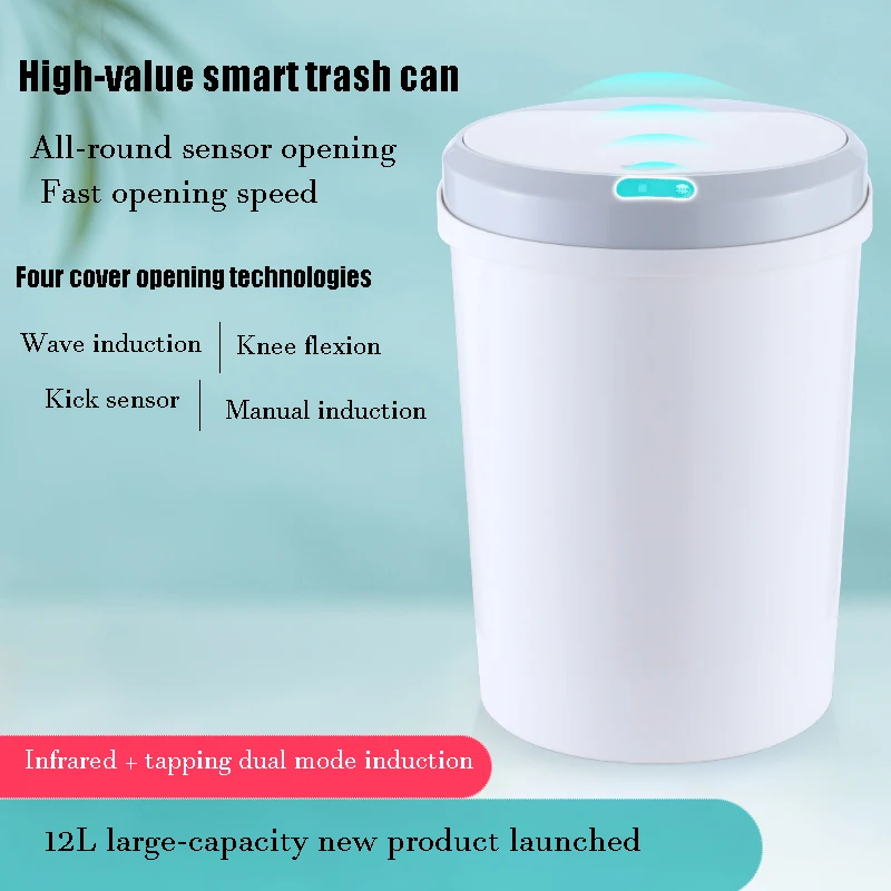 

12L Intelligent Trash Can, Sensor Trash Can, Usable in Kitchen and Bedroom Bathroom, with Automatic Lid Flipping
