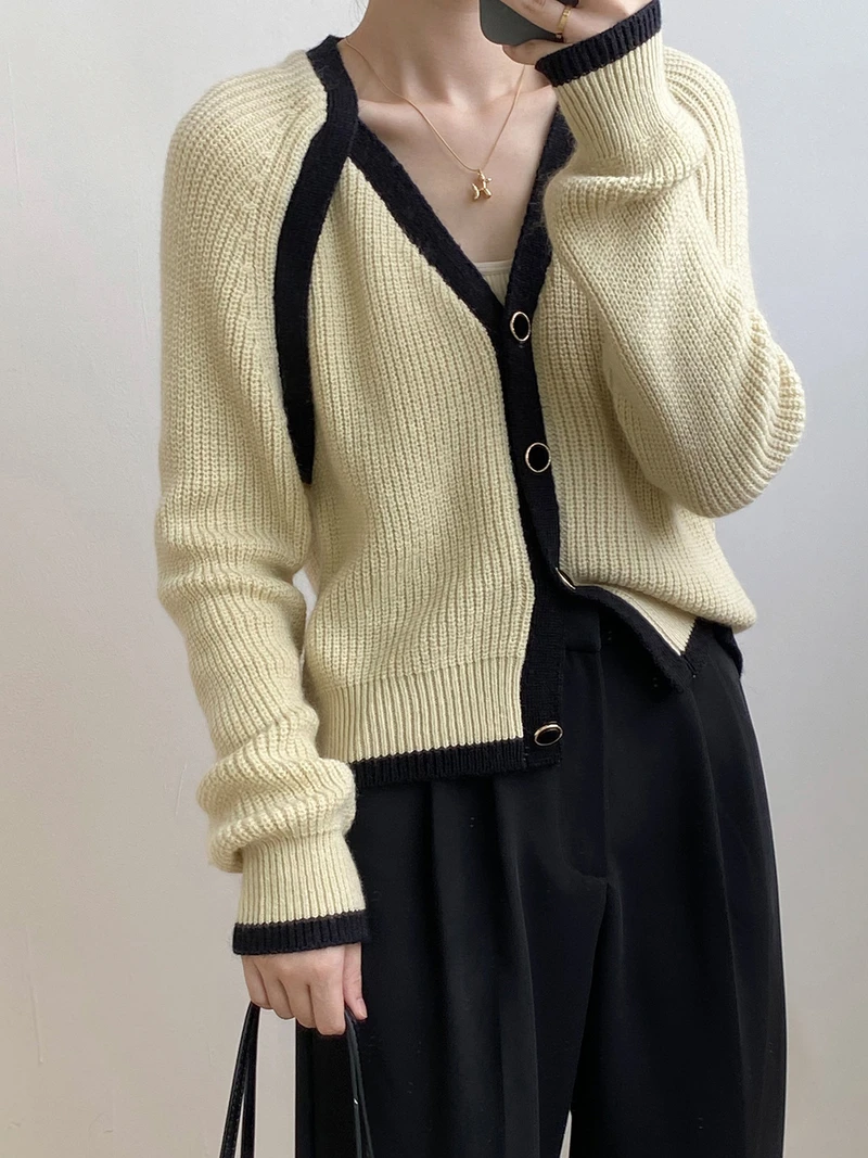 

Autumn Fashion Elegant Contrast Color Single-breasted V-neck Long Sleeve Knitted Cardigan Sweaters Women Lady Chic Knitwear