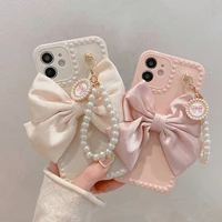 pearl bracelet with fabric bow phone case for iphone 13 12 11 13 pro max mini x xr xs max 6 s 7 8 plus soft phone shell
