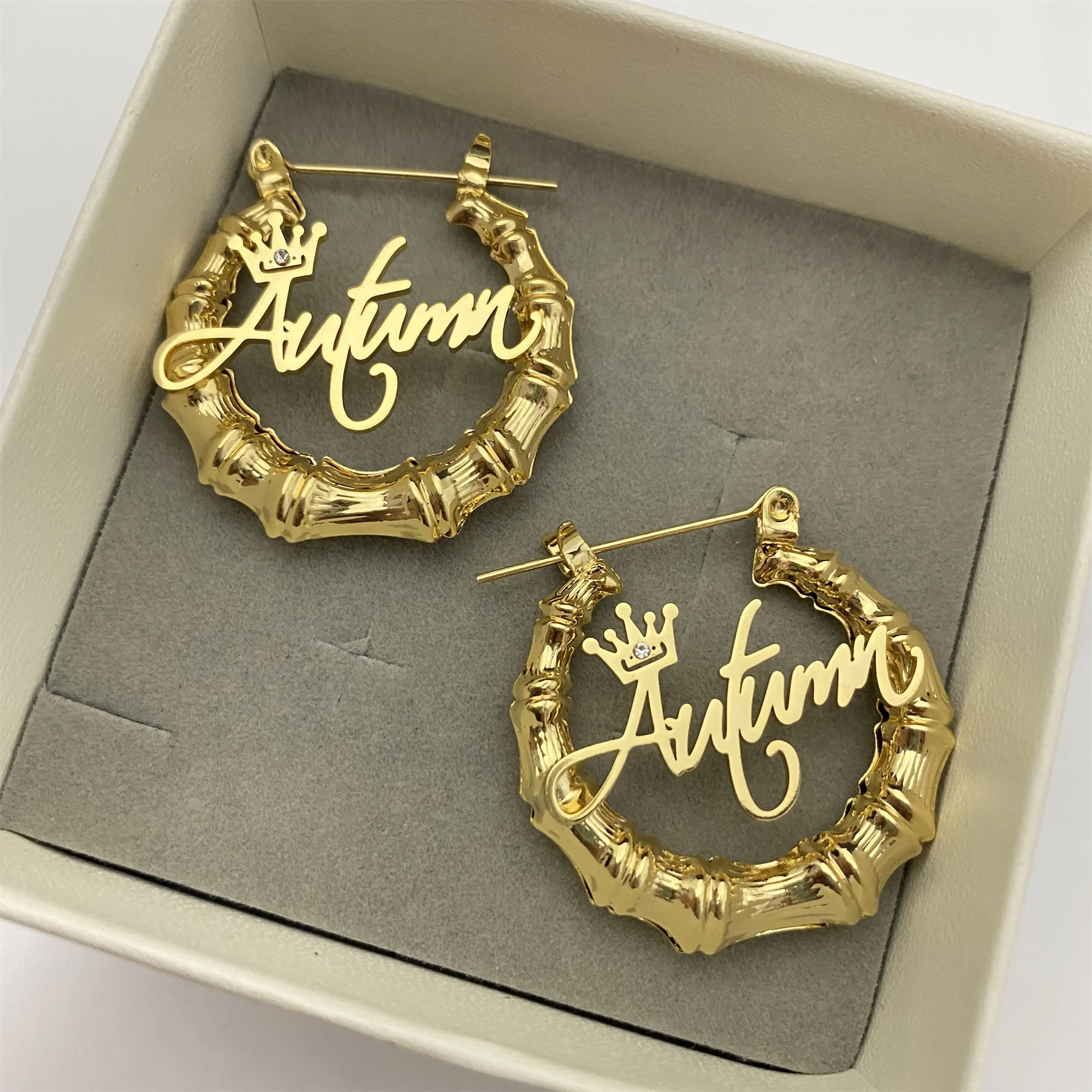 

Custom Bamboo Hoop Earrings Personalized Bamboo Earrings Gold Nameplate Earrings Stainless Steel Jewelry For Kids