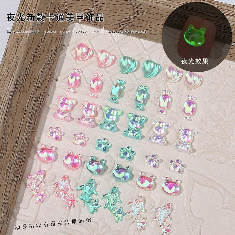 

50pcs New Luminous Nail Charms Cute Cartoon Bear Candy Heart Resin Rhinestone Gems For Nails Art Decoration Manicure Accessories