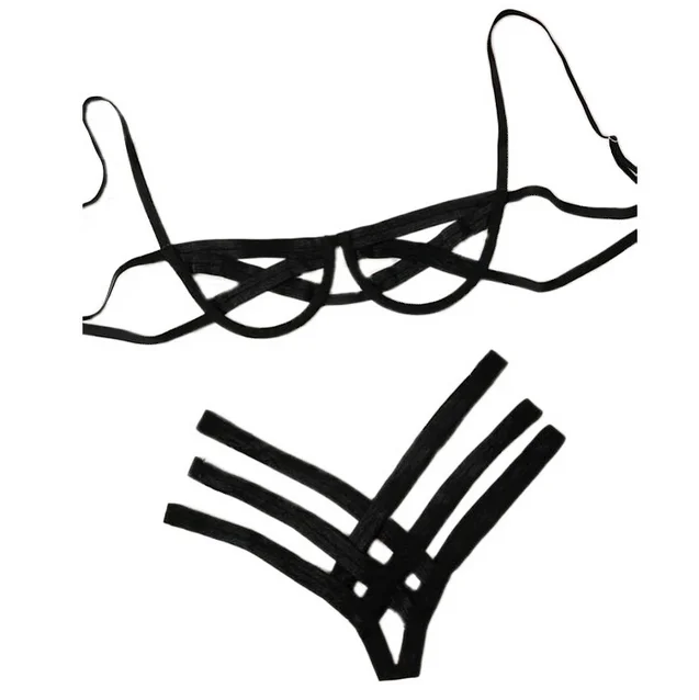 

Ultra thin bra and T-pant bandage sexy lingerie briefs stitching steel support split hollow three points underwear plus size