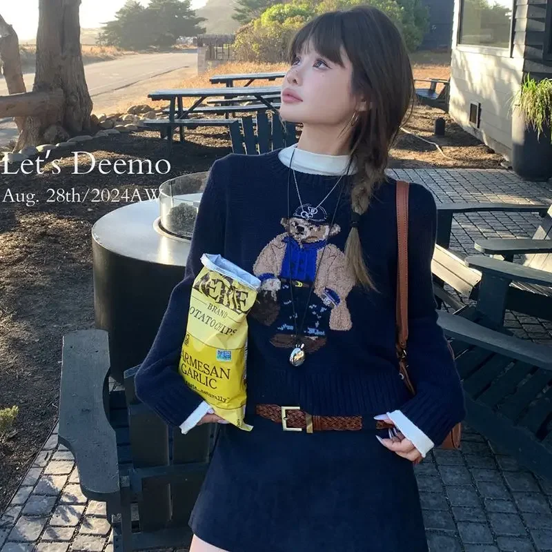 Новый осенний вязаный свитер женский милый медведь с вышивкой круглый вырез