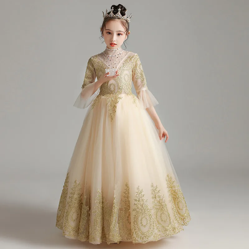 

High Quality Children Girls Champagne Half Sleeves Wedding Party Embroidery Lace Dress Kids Piano Host Communication Dress