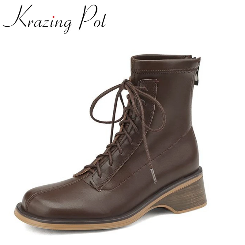 

Krazing Pot Microfiber Round Toe Med Heels Motorcycles Boots Big Size 42 Cross-tied Grain Office Lady Causal Zipper Ankle Boots