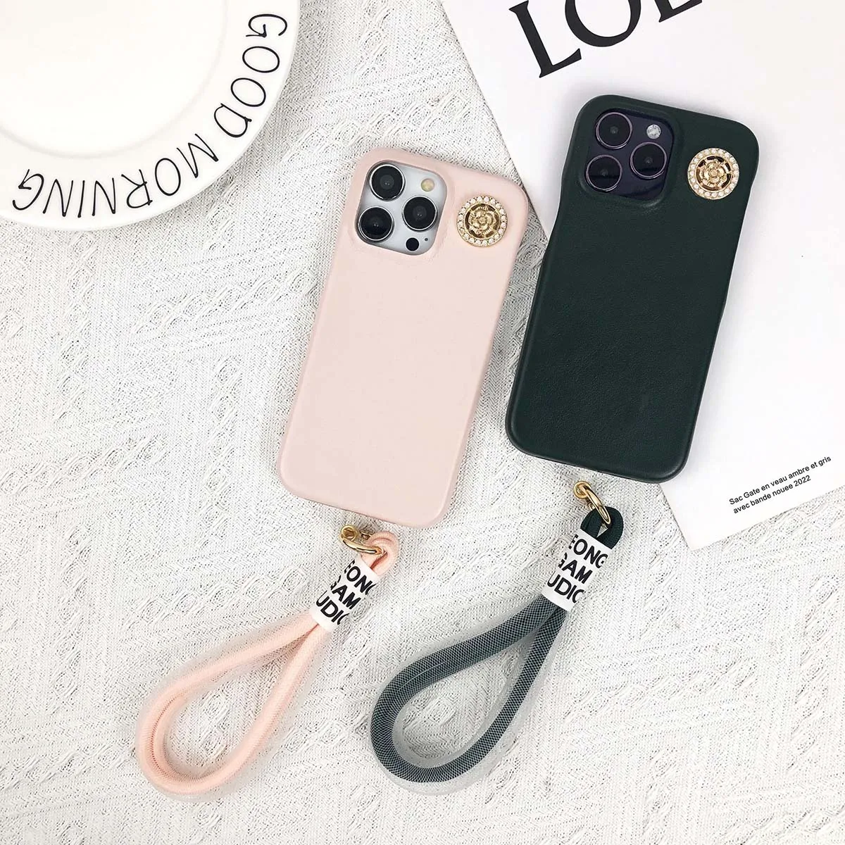 

Candy Color Leather Flowers Gem Back Cover For iPhone 14 13 12 11 XS Pro Max 7 8 Plus X XR Bumper With Lanyard Phone Case Luxury