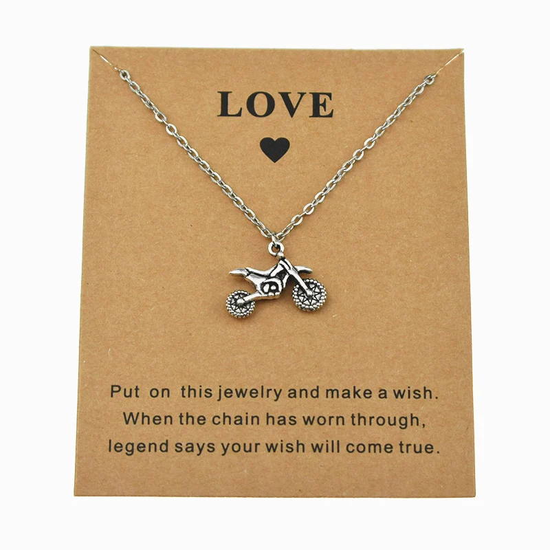 Fashion Dirt Bike Pendant Necklace Wish Love Card Antique Motorcycle Charm Necklace Jewelry for Women Girls Couples Gifts