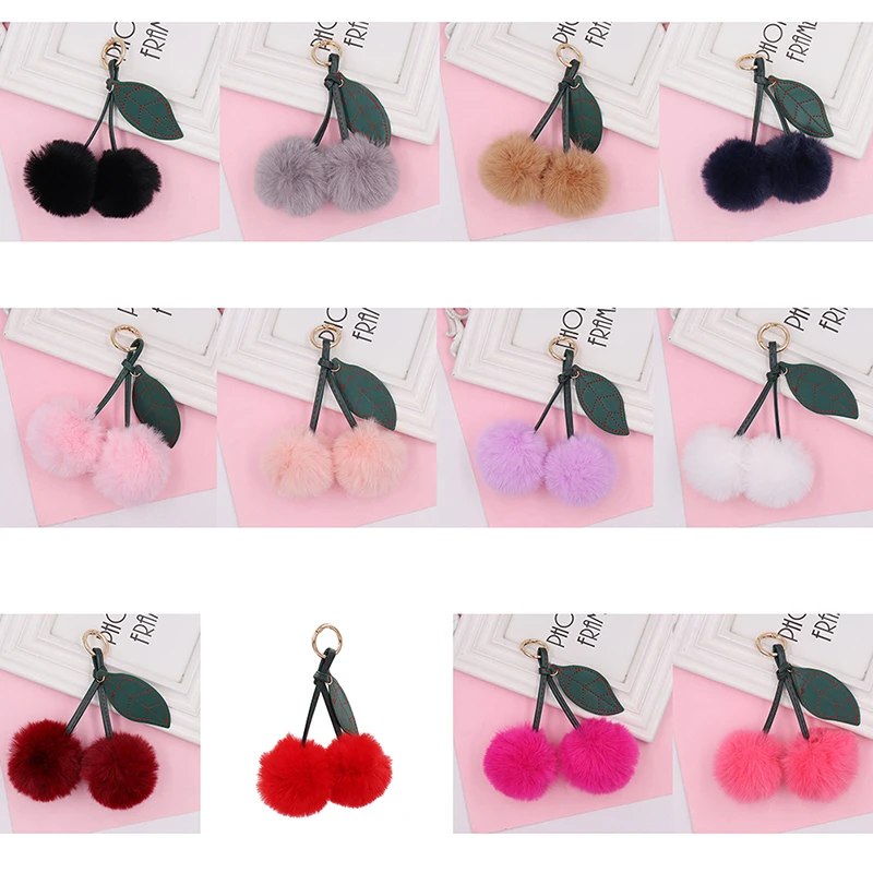 

Fashion New Cute Fluffy Artificial Rabbit Fur Ball Pompom Leaf Keychain Cherry Key Chain Handbag Pendant Car Key Chain Ring