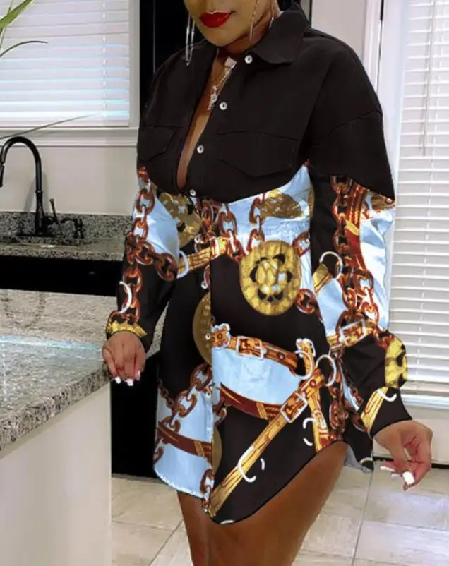 

Women's Dresses 2022 Summer Chain Scarf Print Button Front Fashion Turn-Down Collar Long Sleeve Daily Mini Shirt Dress