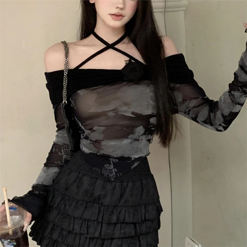 

Women's Halter Mesh Crop Tops Long Sleeve See Through Shirt Blouse Clubwear