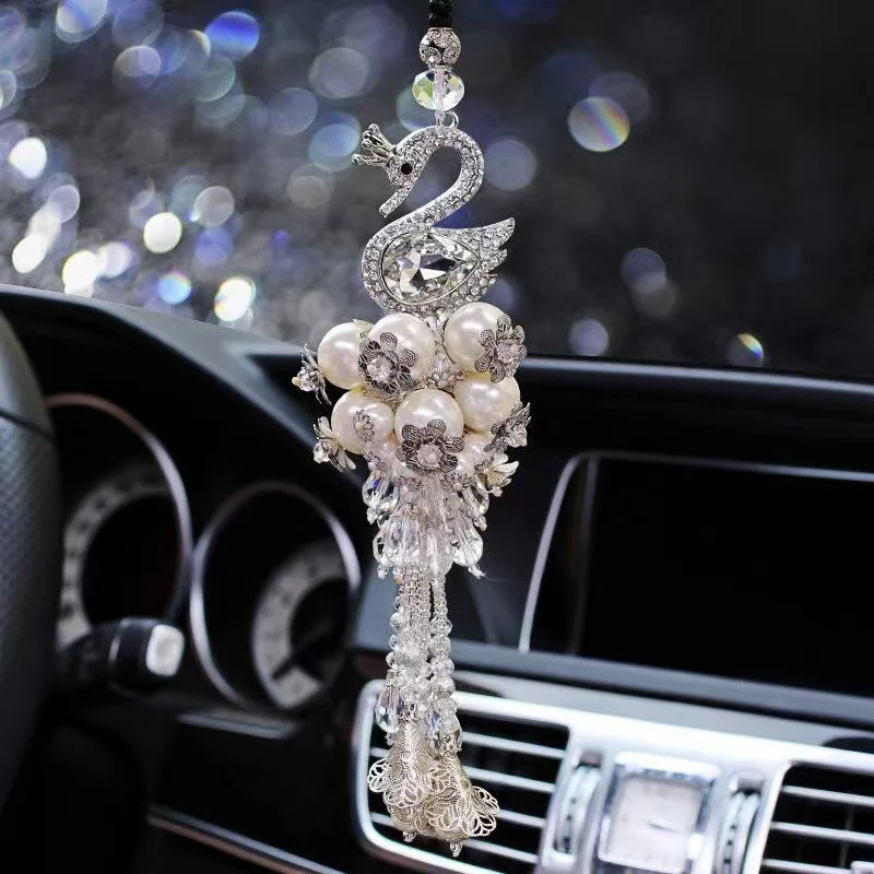 

1pcs Car Pendant Swan Diamond Automobile Rearview Mirror Hanging Ornaments Access Double-sided Crystal Inlaid Element Decor 1p