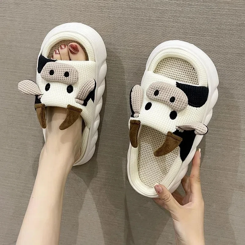 Women's Cozy Slippers with Cow Girls Platform Flat Indoor Shoes High Quality All Seasons Animal Linen Slippers 2023 Fashion