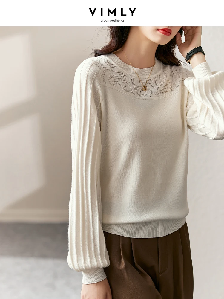 

VIMLY Elegant Knitted Sweater for Women 2022 Winter Lantern Long Sleeve Tops Pullover Sweaters Office Lady Female Clothing 71013