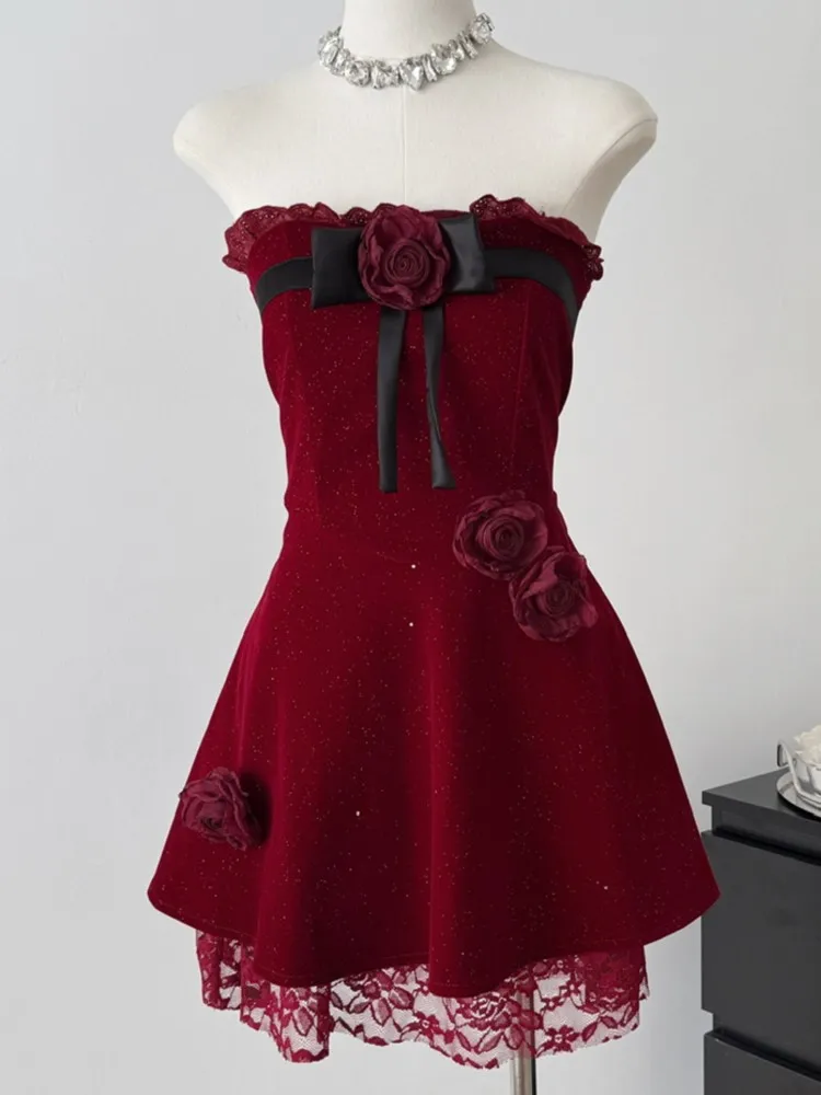 Y2K милое мини-платье с цветочным принтом для женщин элегантное кружевное