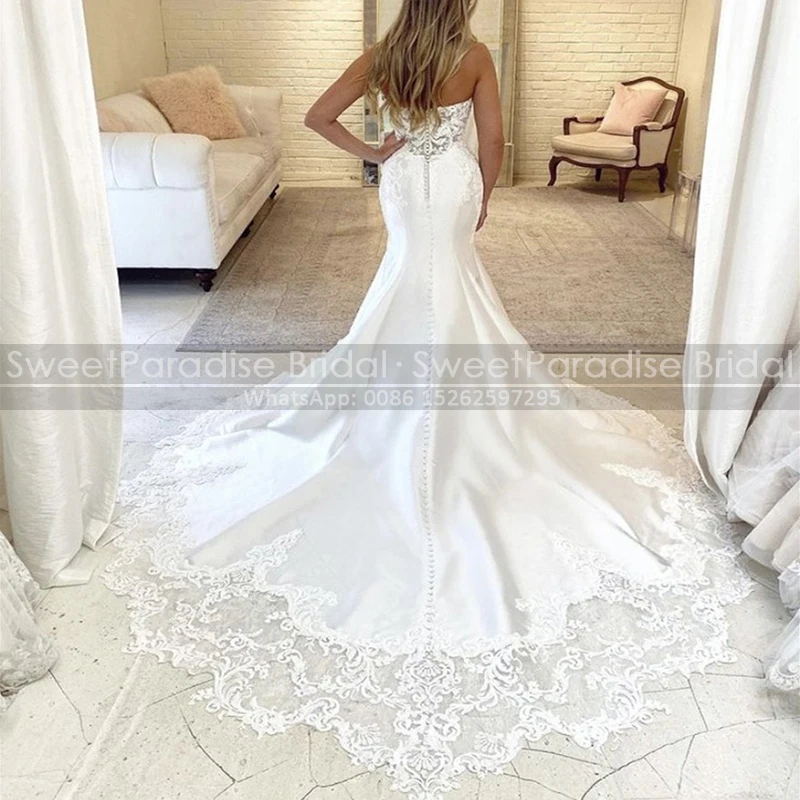 

White Lace Long Chapel Train Mermaid Wedding Dress Sheer Backless Women Sweetheart Strapless Bridal Dresses Vestidos De Novia