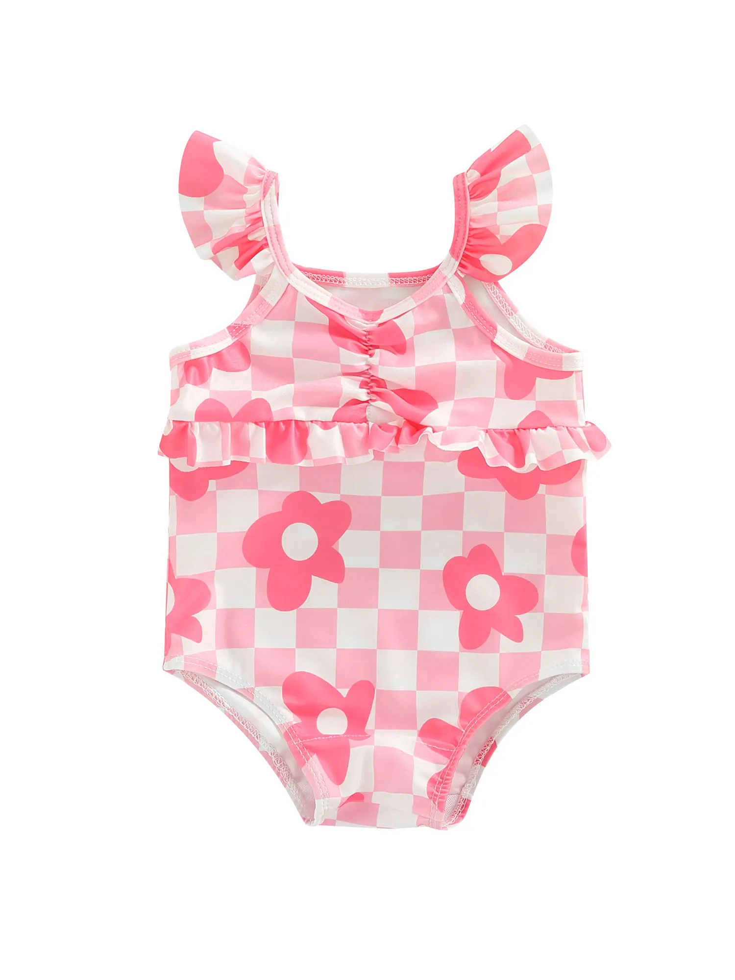 

Summer Toddler Baby Girl Swimsuits Floral Plaid Print Fly Sleeve Jumpsuit Swimwear Beachwear Bathing Suit