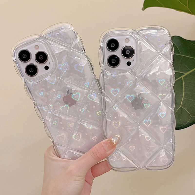 

3D Diamond Love Heart Laser Flower Clear Phone Case For iphone 13 12 11 Pro Max Silicone Soft TPU Transparent Glitter Back Cover