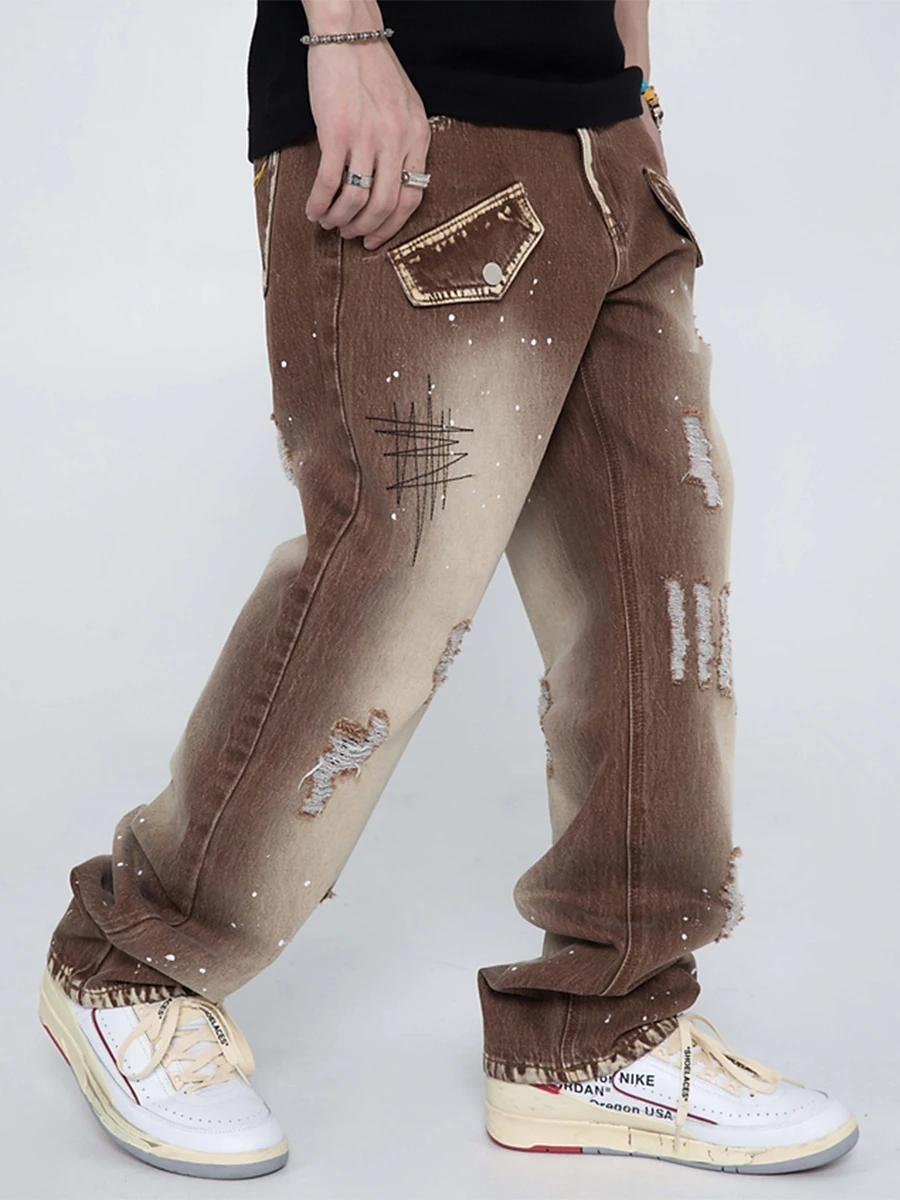 Four Seasons High Street American Retro Washed and Worn High Street Straight Trousers Y2k Men's Jeans Streetwear Ins Hot Sale