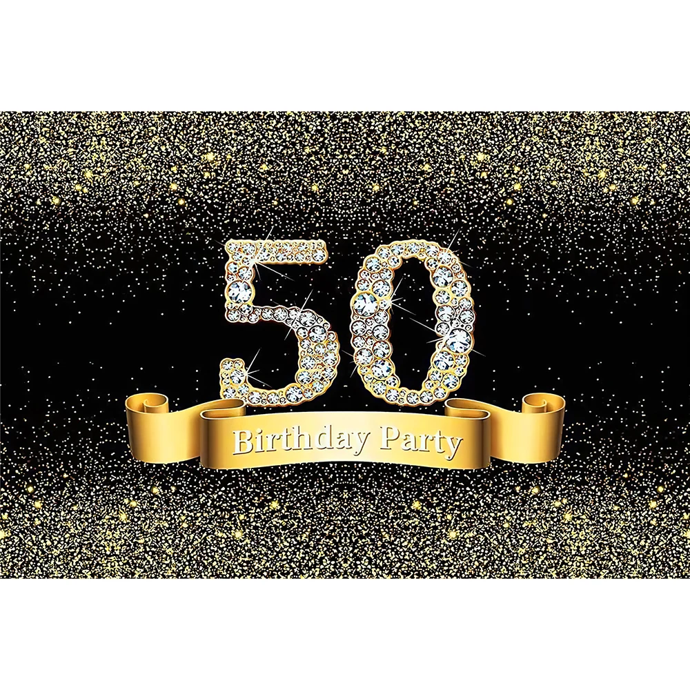 

Happy Birthday Backdrops Party Banner Black Gold for Aldult Woman Men 30th 40th 50th 60th Photography Diamond Sequin