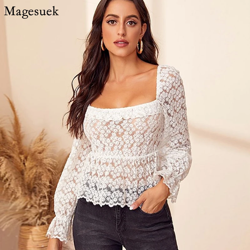 

Square Collar Elegant Embroidery Floral Blouse Women See Through Vintage Lace Shirt Women Autumn Slim White Shirts Tops 22650