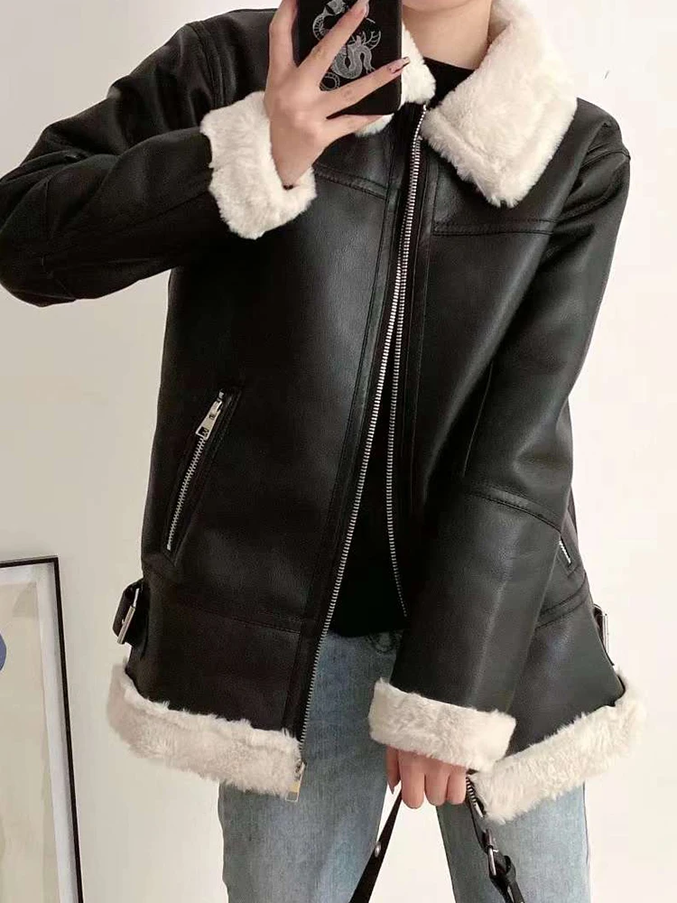 Ailegogo New Autumn Winter Women Pu Leather Jacket Vintage Moto Biker Female Zipper Loose Thick Warm Faux Fur Coat Chic Outwear