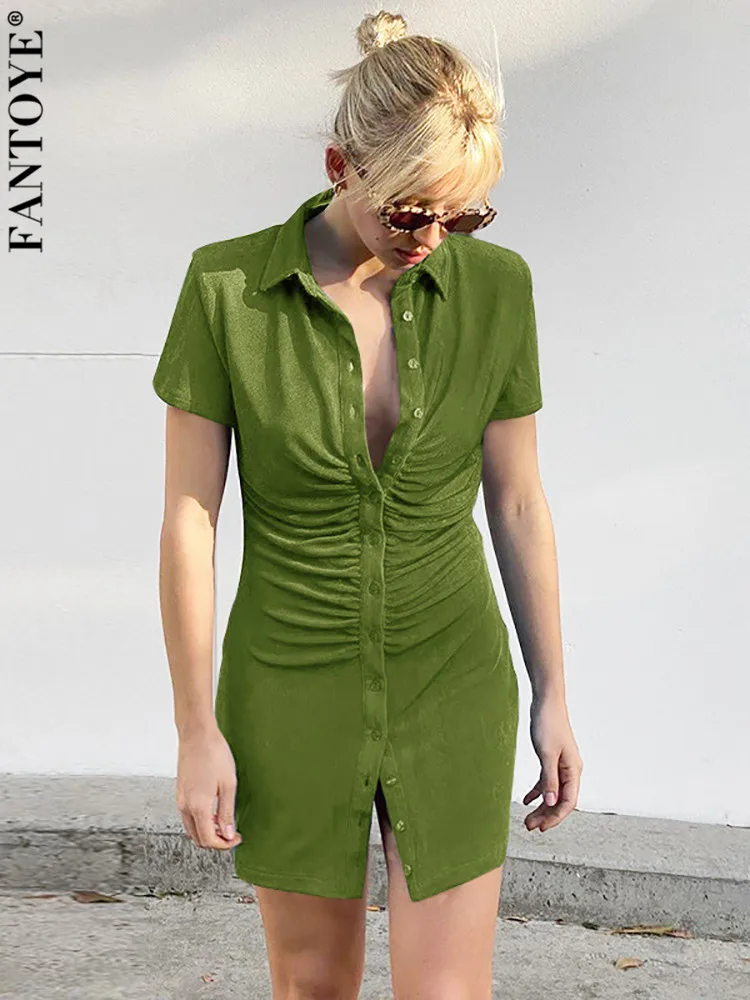 

Fantoye Turn-Down Collar Ruched Mini Dress Women 2022 Elegant Short Sleeve Skinny Dresses Summer Streetwear Slim Blouse Vestidos