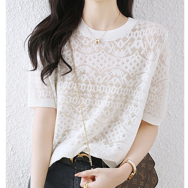 

White Top Mujer Knitted T Shirt 2023 Summer Clothes For Women T Shirts Short Sleeve Tees Solid Casual O Neck Camisetas De Mujer