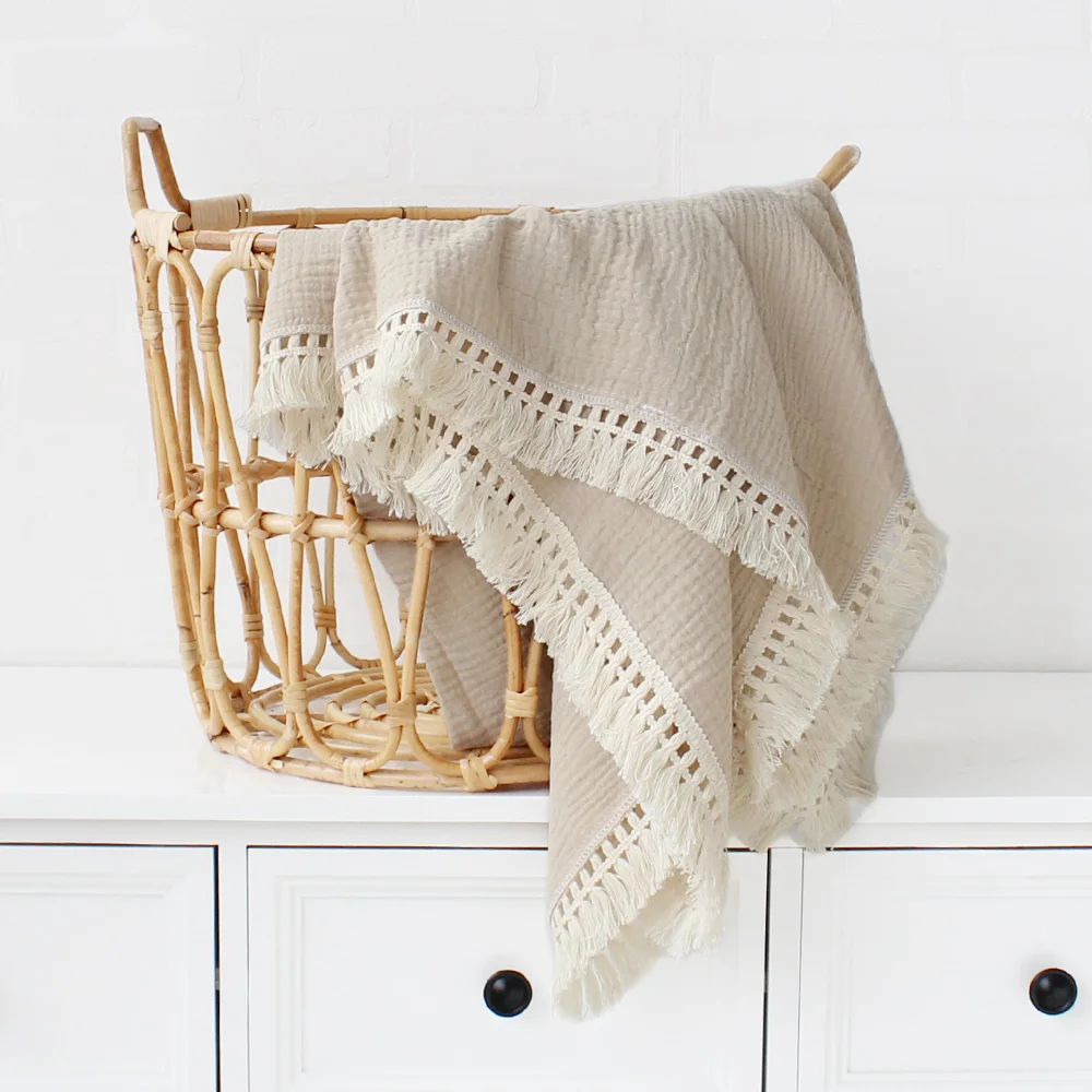 Cotton Muslin Swaddle Blanket Baby Tassel Receiving New Born Wrap Infant Sleeping Quilt Bed Cover |