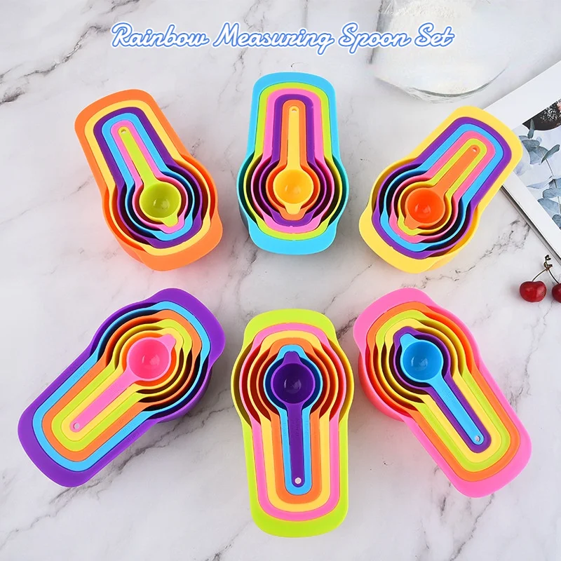 

6 pcs/set kitchen measuring spoon with scale rainbow color stackable combination measuring cup kitchen accessories baking tools