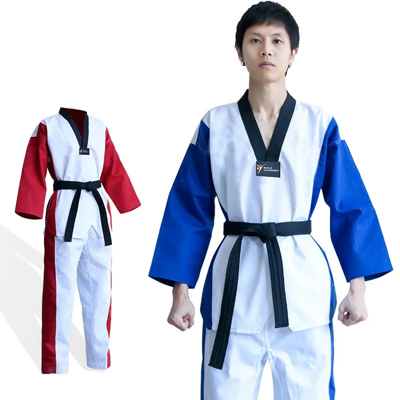 

High Grade Black Red Blue Adult Kids Taekwondo TKD Uniform Training Karate Suits Embroidery Uniforms Poomsae Dobok WTF Approved