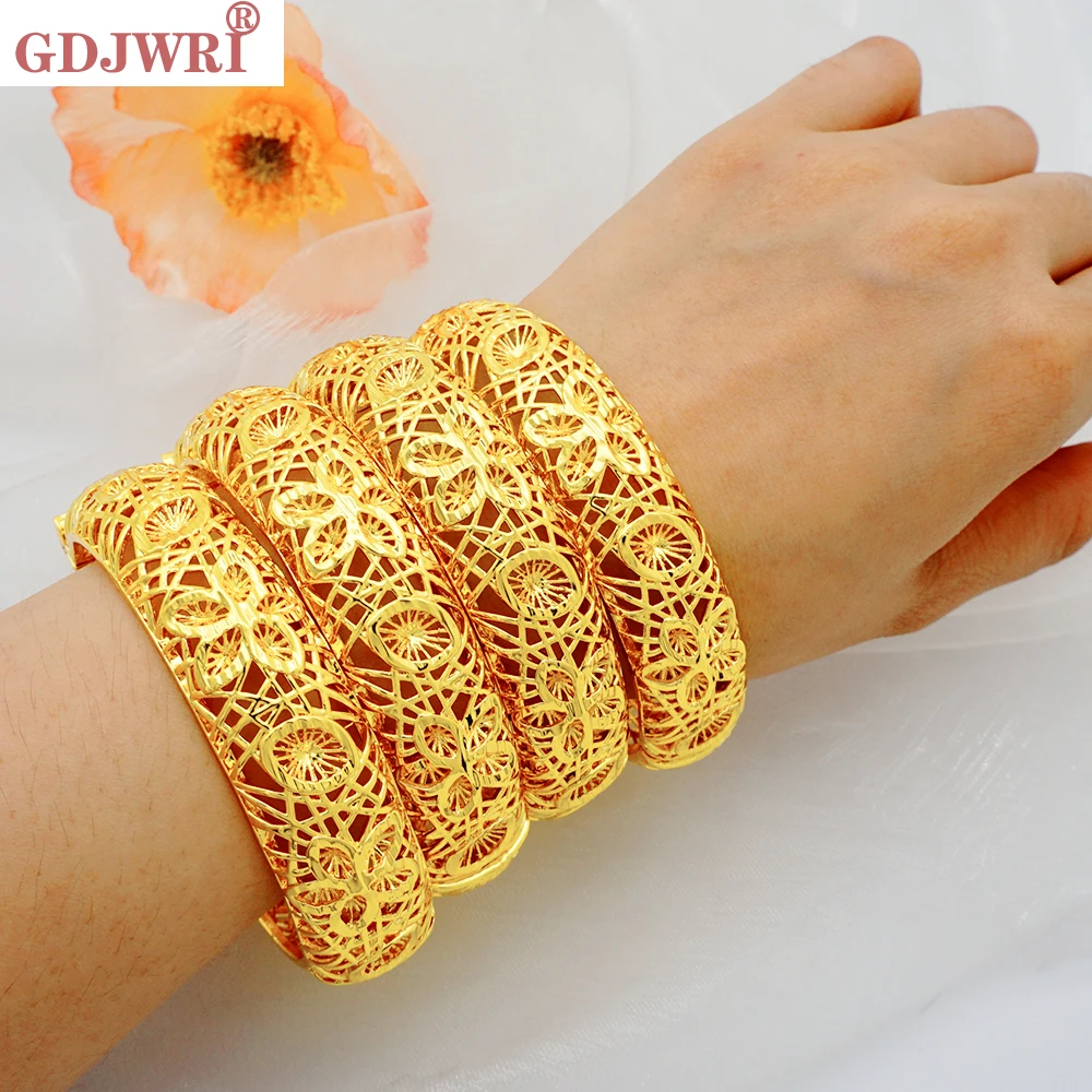 

Bangls 4Pcs/lot Ethiopian Dubai Gold Color Bangles For Women Flower Bride Bracelet African Wedding Jewelry Middle East Jewelry