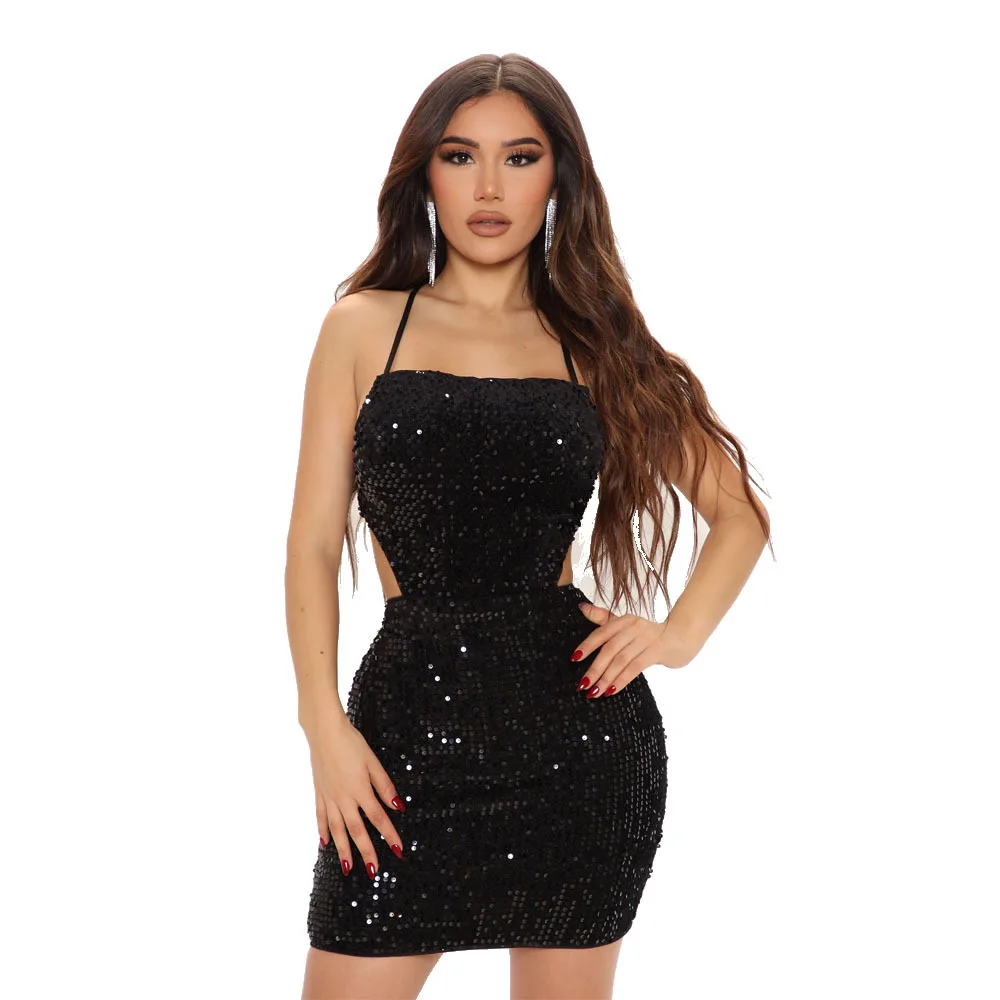 Lace-Up Bodycon Rhinestone Sequins Short Party Dresses Womens Glam Sleeveless Crystal Mini Dresses Nightclub Outfits