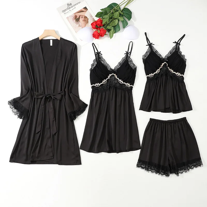 

Jxgarb Four Pieces Pajamas Set V-Neck Sleepwear Women Satin Robes Nightgown With Suspender Sling&Shorts Summer Home Clothes