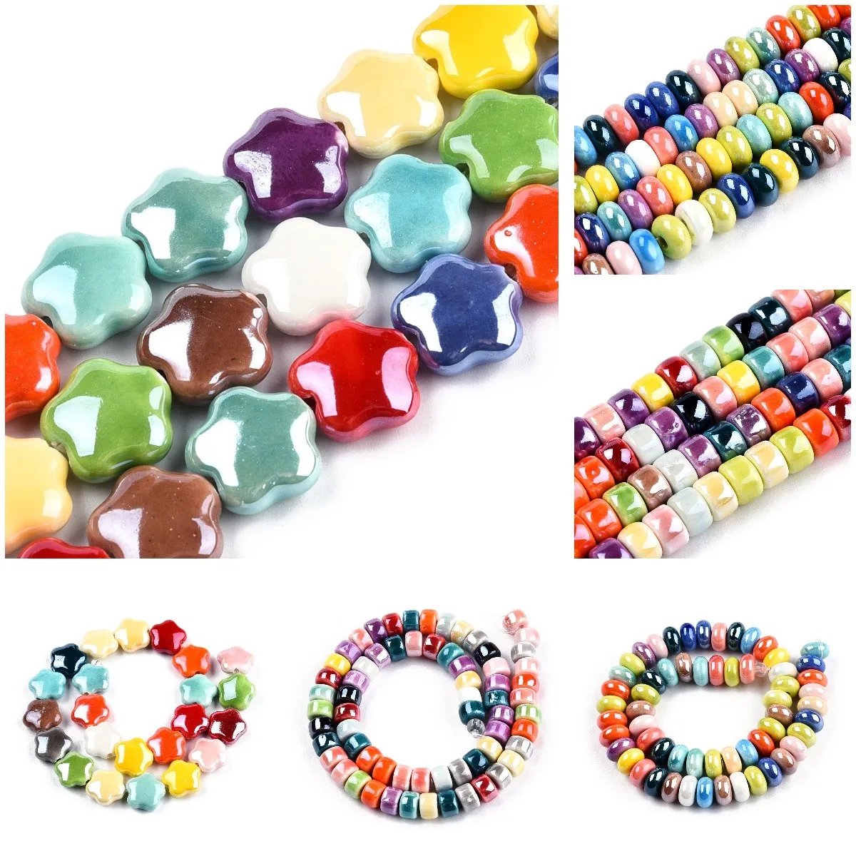 

5/10 Strand Handmade Porcelain Beads Column Flat Round Flower Bright Glazed Ceramic Spacer Beads For Jewelry Making DIY Crafts