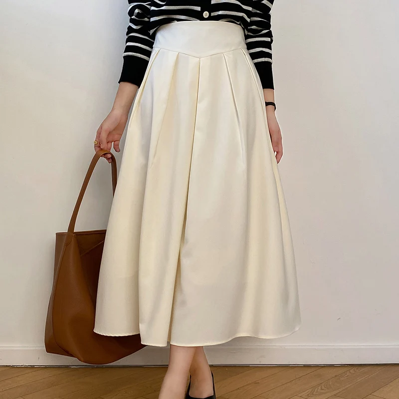 

Fall 2022 Women's Full Skirt Midi Retro Pleated Ladies Chic Elegant A-Line High Waist Vintage Korean Fashion Clothing 9632