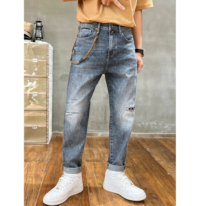 Men Clothing Autumn and Winter New Straight Loose Cylinder Jeans Vintage Comfortable Blue Versatile Ripped Harun Trousers Female