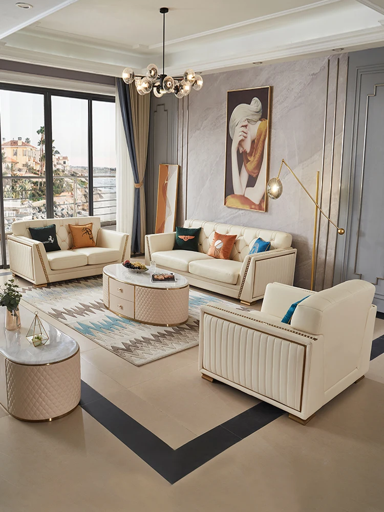 

Light Luxury Three-person Sofa Villa Living Room Simple Modern Straight Row Leather Art Sofa Combination Sofa Set Luxury