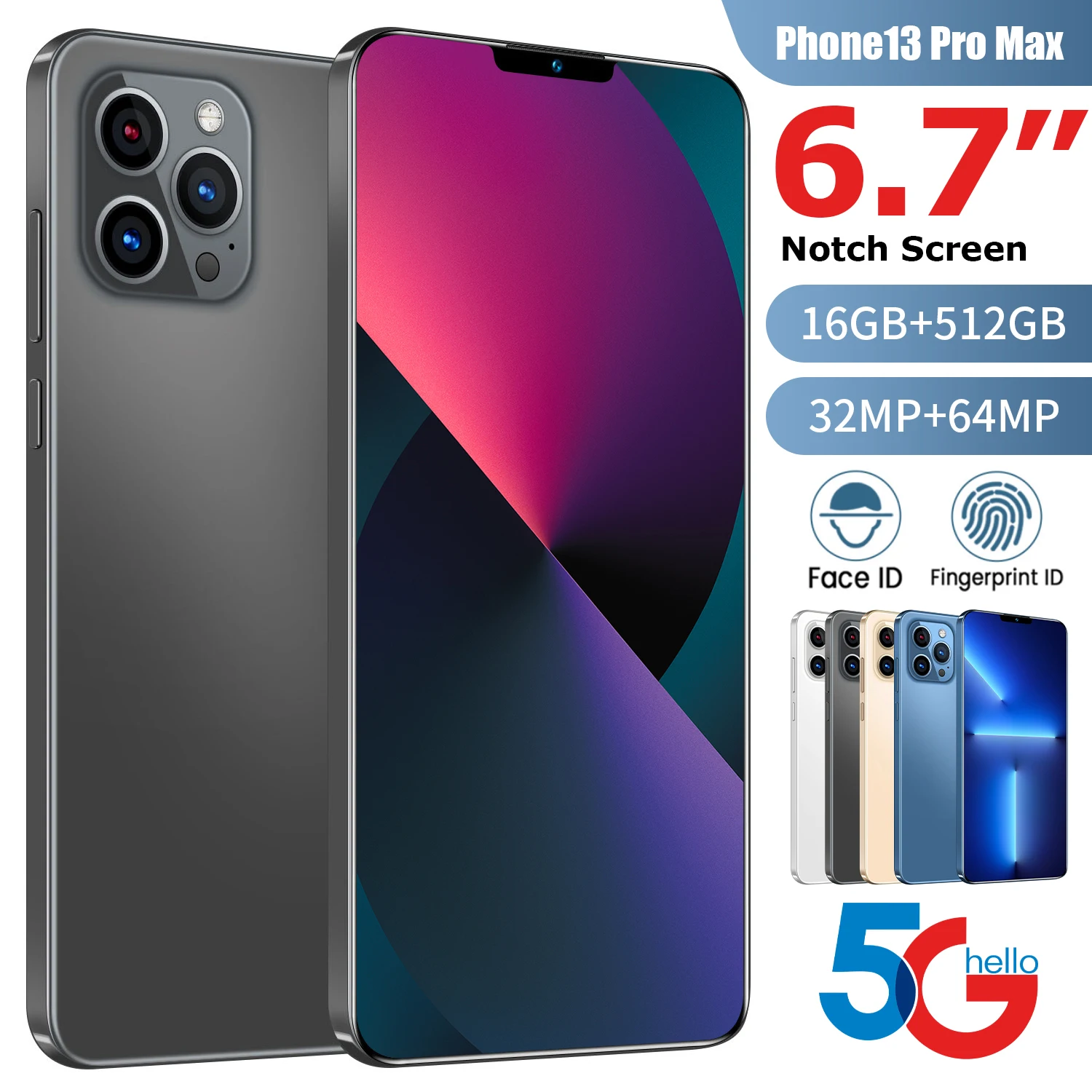Разблокированный смартфон i13 ProMax телефон с диагональю 6 7 дюйма 4G 16 Гб + 512 ГБ