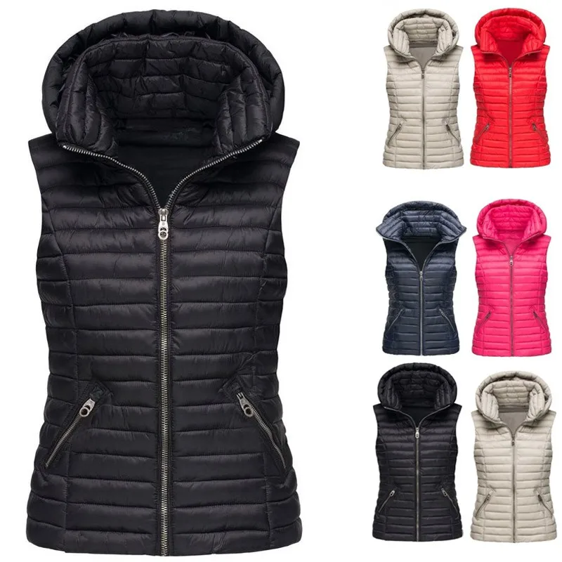 

Женский зимний жилет с хлопковой подкладкой и капюшоном, жилет на молнии, безрукавка, куртка, жилеты, женский жилет с карманами, однотонный