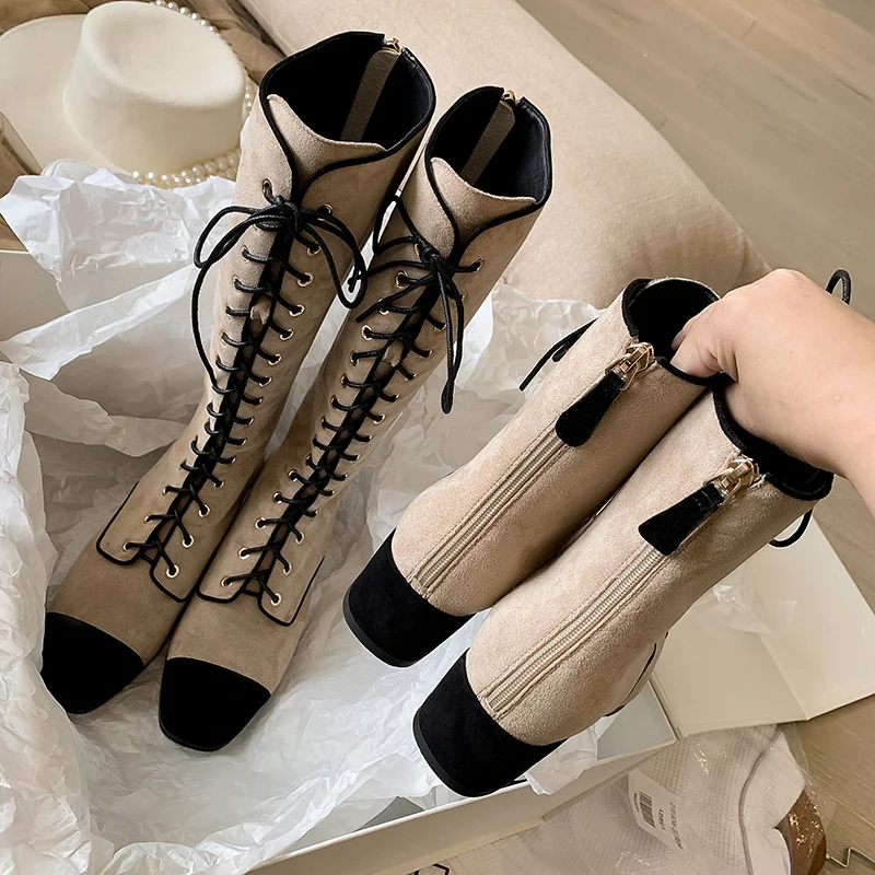 

Suede Leather Knee High Boots for Women Lace Up Thick Heels Pumps for Women Mixed Colors Wedding Working Shoes Woman 2022