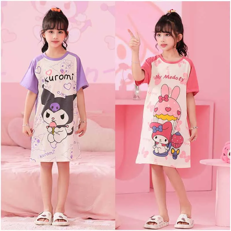 

Летняя тонкая пижама для девочек Sanrios Cinnamoroll Kuromi My Melody с героями мультфильмов, с короткими рукавами, пижама, юбка, Детская домашняя одежда, ночная рубашка