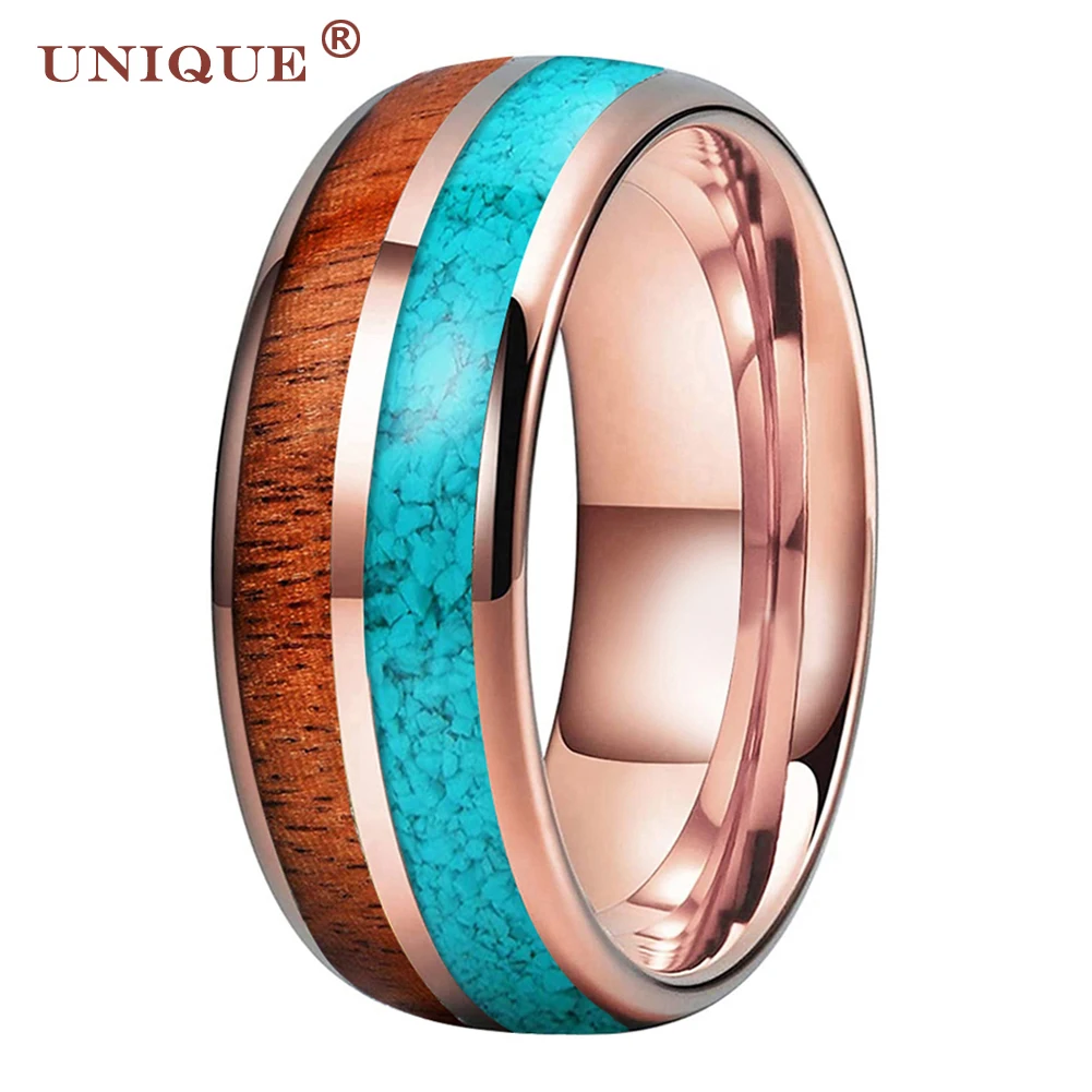 

Unique Jewel 8mm Rose Gold Men Tungsten Wedding Ring Dome Polished Turquoise and Koa Wood Inlay Fashion Gold Engagement Band