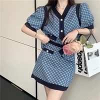 small fragrance vintage 2 piece sets women outfits puff sleeve shirt blouse tops skirt suits fashion embroidery two piece set