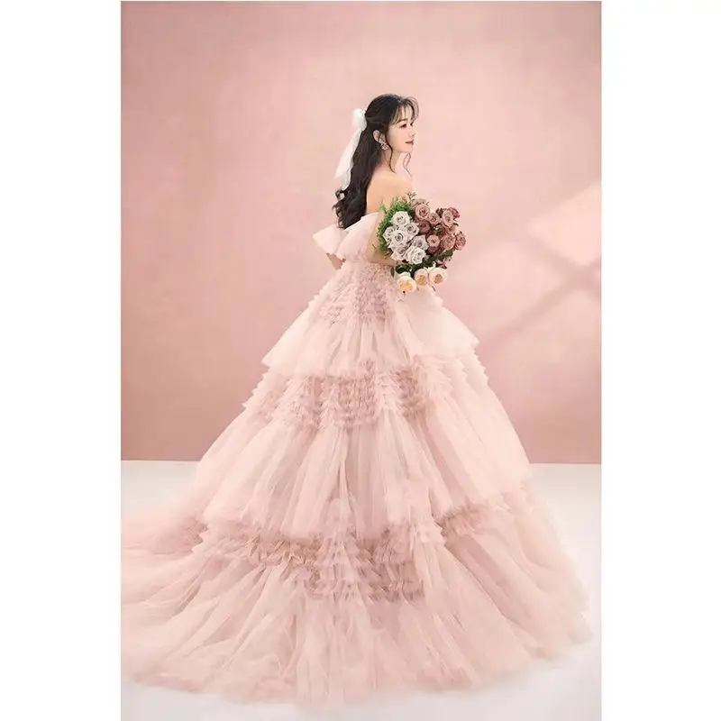

Sweet Pink Robe Mariage Femme Sexy Strapless Fashion Tiered Wedding Dresses With Small Train 2023 New Abiti Da Sposa Colorati