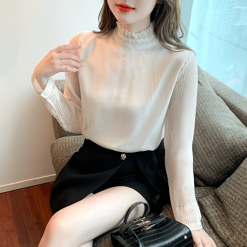 

Solid Women's Shirts Summer 2023 New Chiffon Blouses Loose Long Sleeves Casual Lace Top Ladies O-neck Clothing YCMYUNYAN